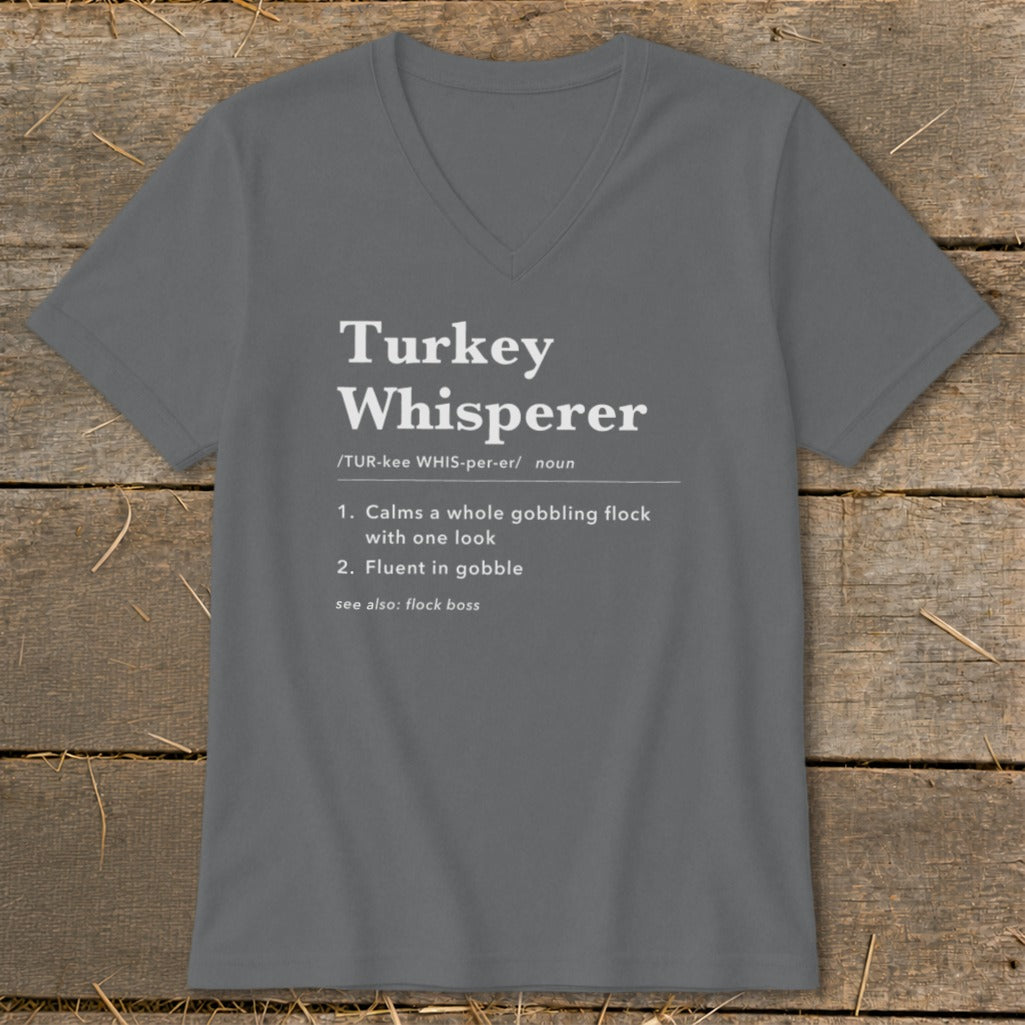 Grey t-shirt with "Turkey Whisperer" definition printed in white text.