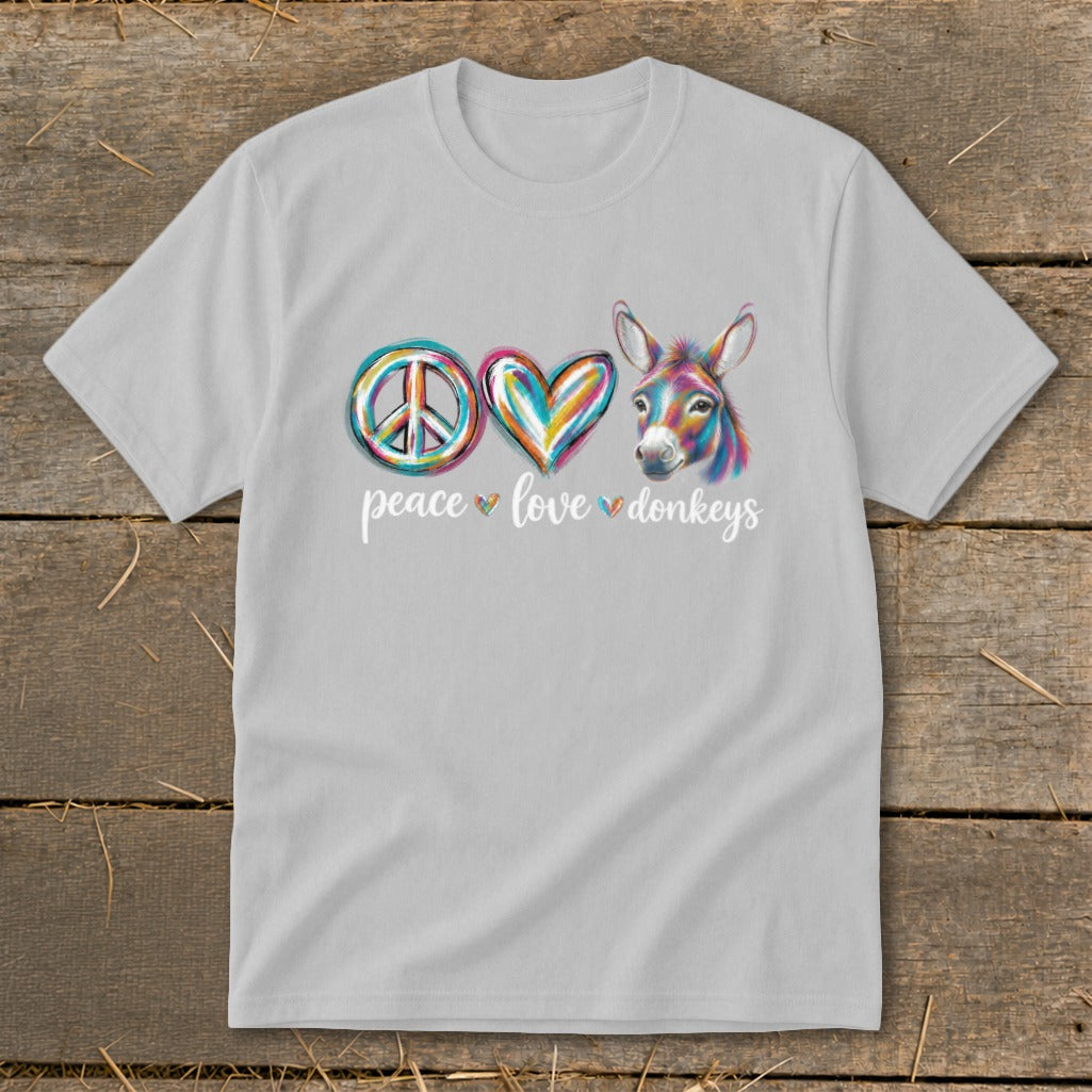 Light gray t-shirt with "peace love donkeys" and a peace sign, heart, and donkey graphic.
