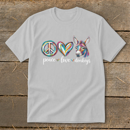 Light gray t-shirt with "peace love donkeys" and a peace sign, heart, and donkey graphic.