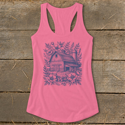 Pink tank top with a barn and floral sketch design on the front.
