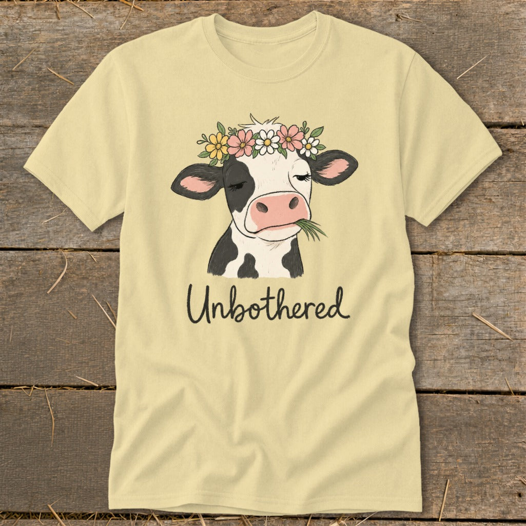 Yellow t-shirt with cow wearing a flower crown and chewing grass, text "Unbothered".