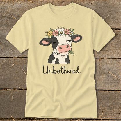 Yellow t-shirt with cow wearing a flower crown and chewing grass, text "Unbothered".