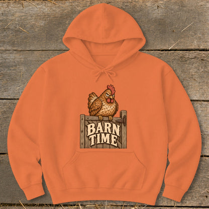 Orange hoodie with a chicken sitting on a wooden sign that reads "BARN TIME".