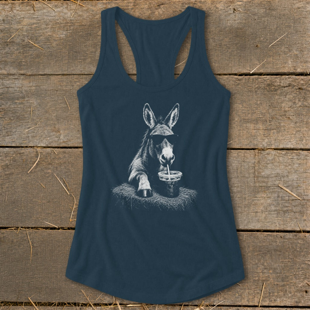 Navy tank top with graphic of donkey wearing sunglasses drinking from a cup.