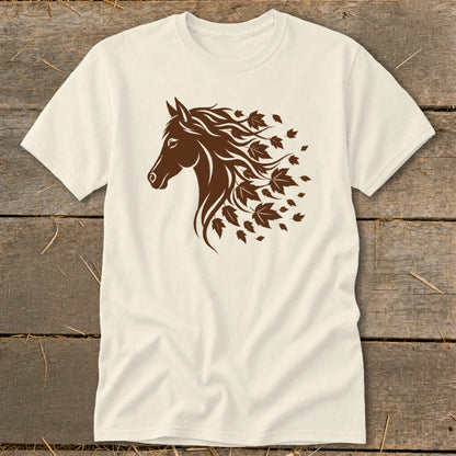 Cream t-shirt with a brown horse head graphic with flowing mane made of leaves.