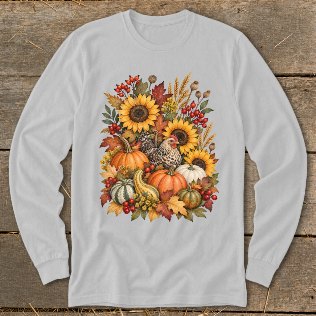 Light gray long-sleeve shirt with a watercolor fall harvest graphic featuring pumpkins, sunflowers, and a chicken.