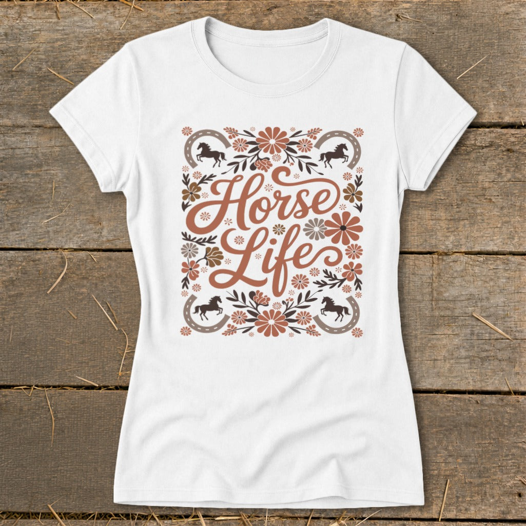 White t-shirt with "Horse Life" text and floral horse designs.