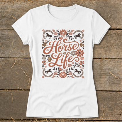 White t-shirt with "Horse Life" text and floral horse designs.