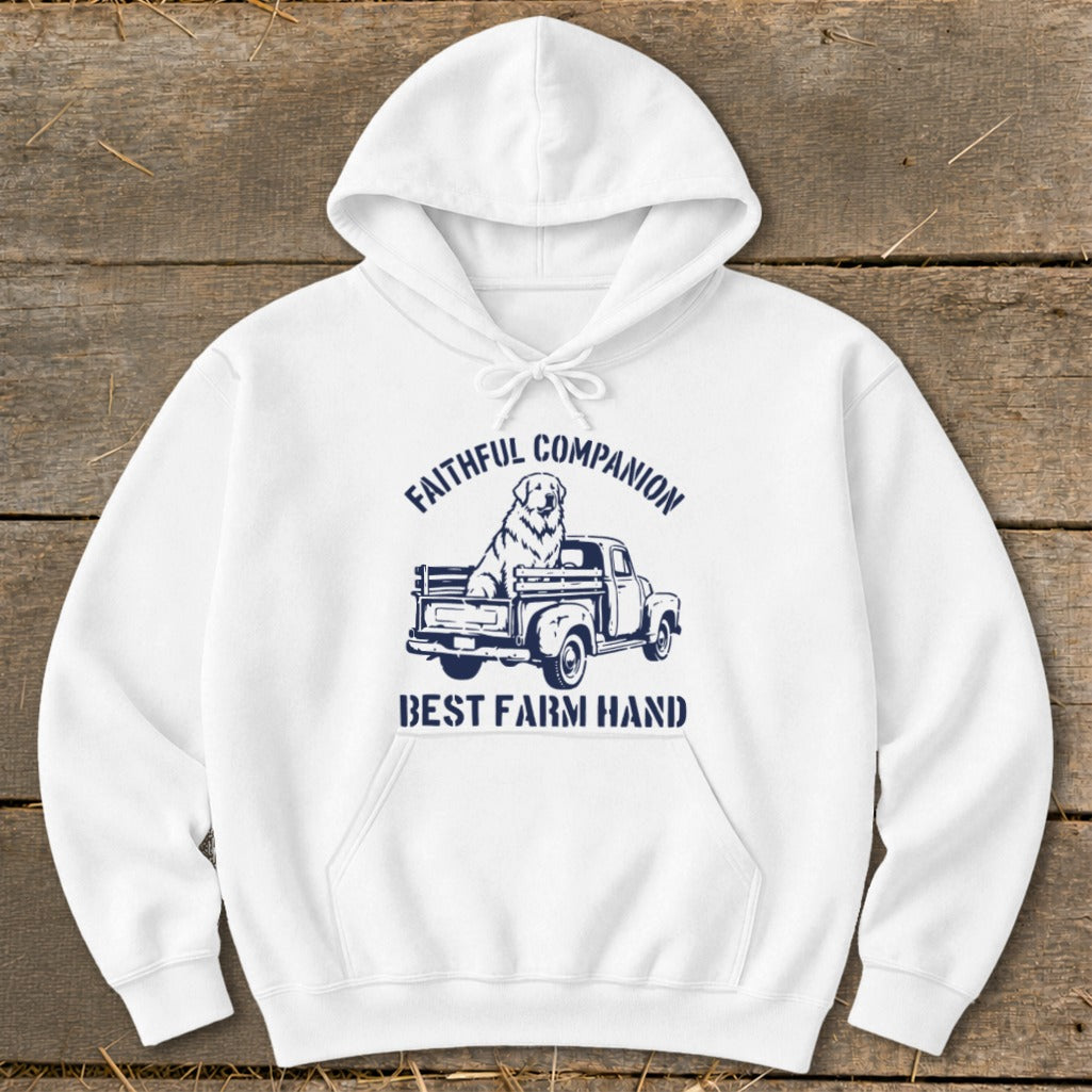 White hoodie with navy graphic of a dog in a pickup truck and text.