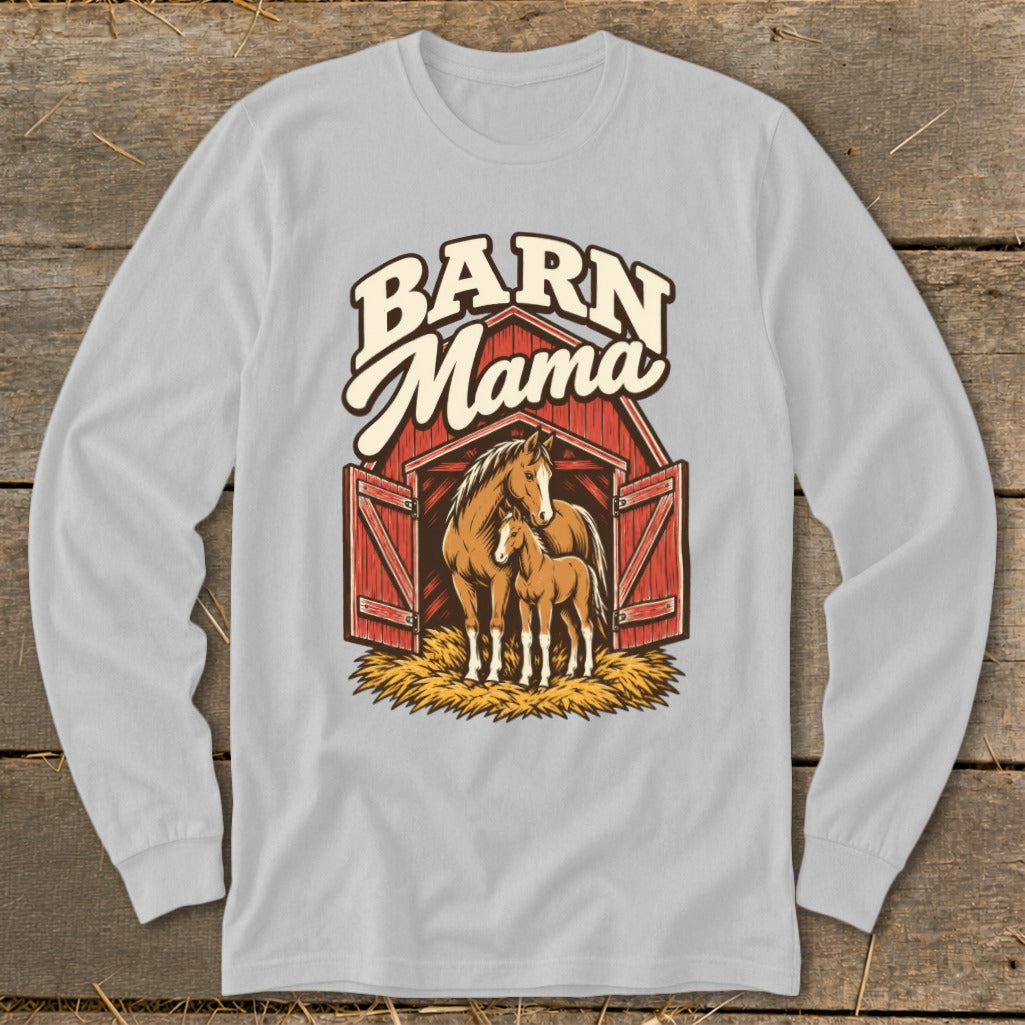 "Barn Mama" text above a horse and foal inside an open red barn.