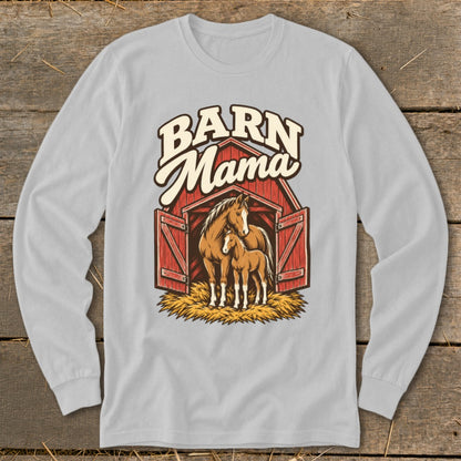 "Barn Mama" text above a horse and foal inside an open red barn.