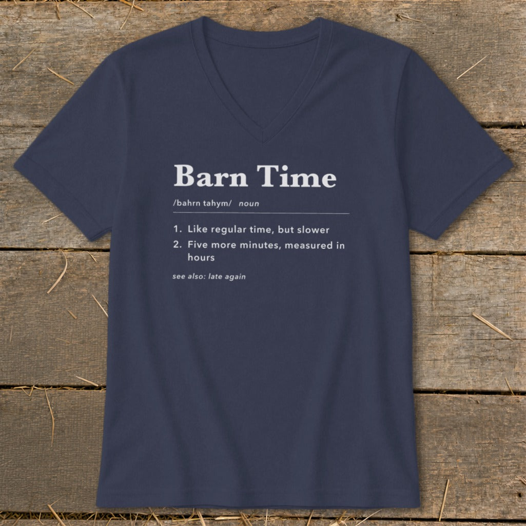 Navy v-neck t-shirt with "Barn Time" definition text.