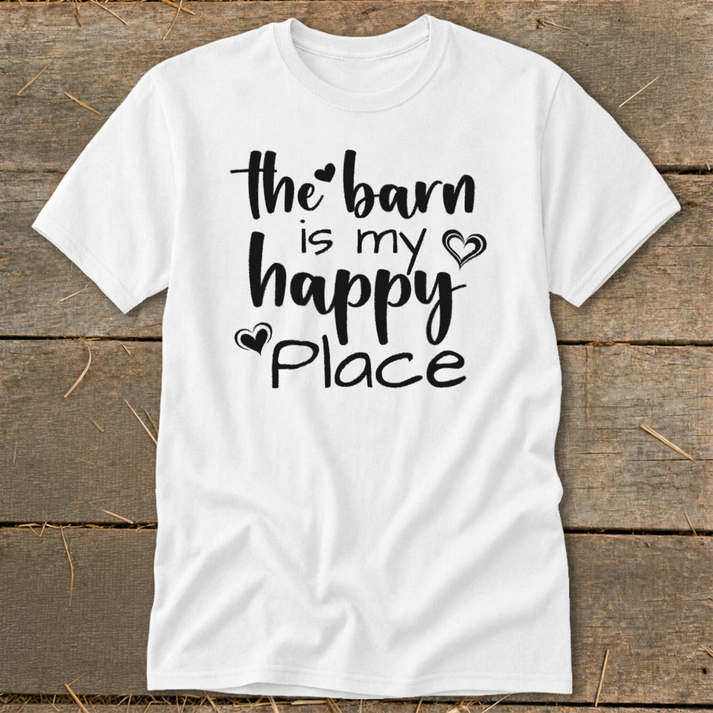 White t-shirt with "the barn is my happy place" text and hearts.