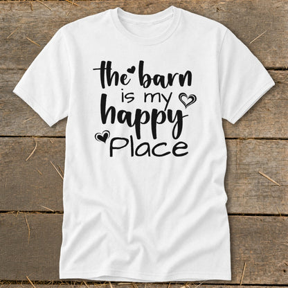White t-shirt with "the barn is my happy place" text and hearts.