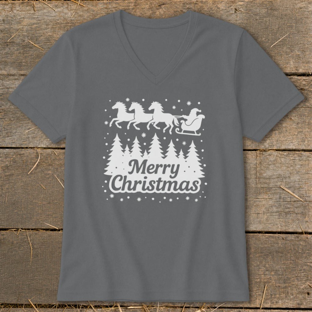Grey t-shirt with white Christmas design of horses pulling a sleigh over trees.