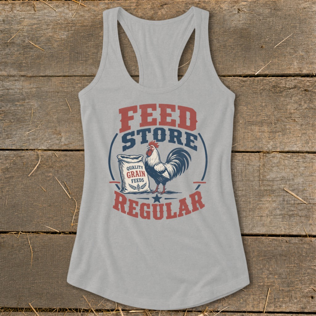Gray tank top with "Feed Store Regular" text and rooster on a grain bag.