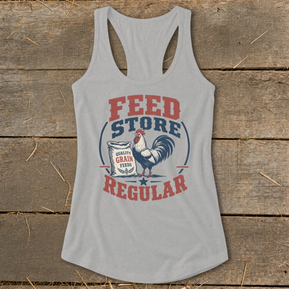 Gray tank top with "Feed Store Regular" text and rooster on a grain bag.