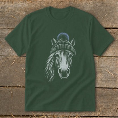 Dark green t-shirt with a sketch of a horse wearing a beanie.