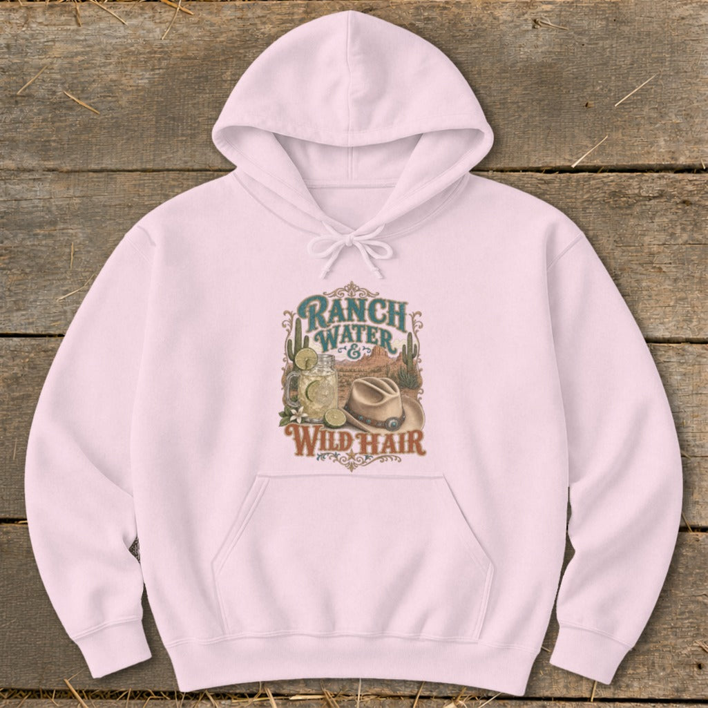 Pink hoodie with "Ranch Water & Wild Hair" graphic featuring a drink and cowboy hat.