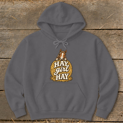 Gray hoodie with a horse peeking over a hay bale graphic that reads "Hay Girl Hay".