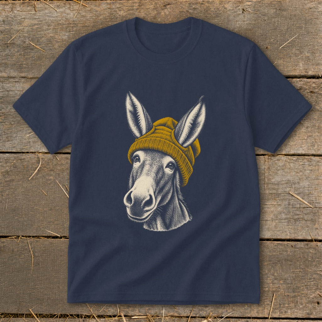 Dark navy t-shirt with a charcoal drawing of a donkey wearing a yellow beanie.