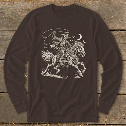 Skeleton cowboy on horseback with lasso, moon and birds.