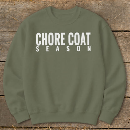 Olive green sweatshirt with "CHORE COAT SEASON" in white text.