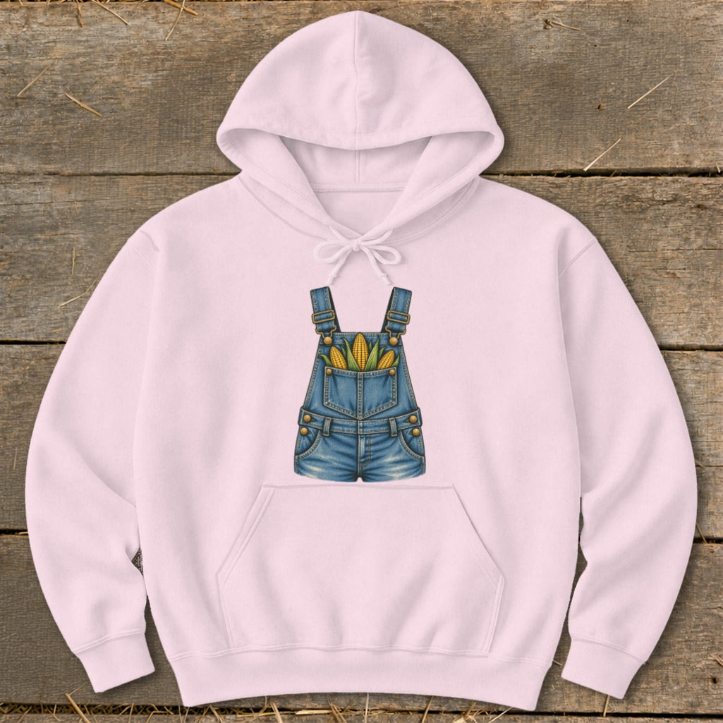 Pink hoodie with a denim overall graphic featuring corn cobs.