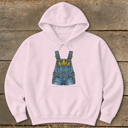 Pink hoodie with a denim overall graphic featuring corn cobs.