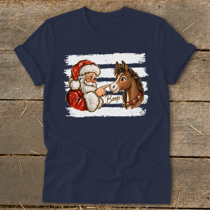 Santa boops a horse's nose with the word "Boop" on a navy t-shirt.