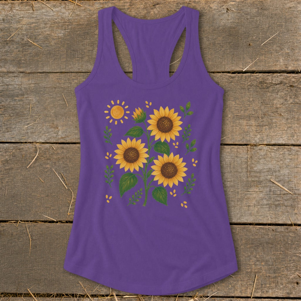 Purple tank top with a sunflower and sun graphic design.
