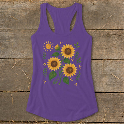 Purple tank top with a sunflower and sun graphic design.