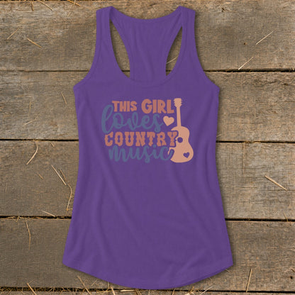 Purple tank top with "This girl loves country music" and guitar graphic.