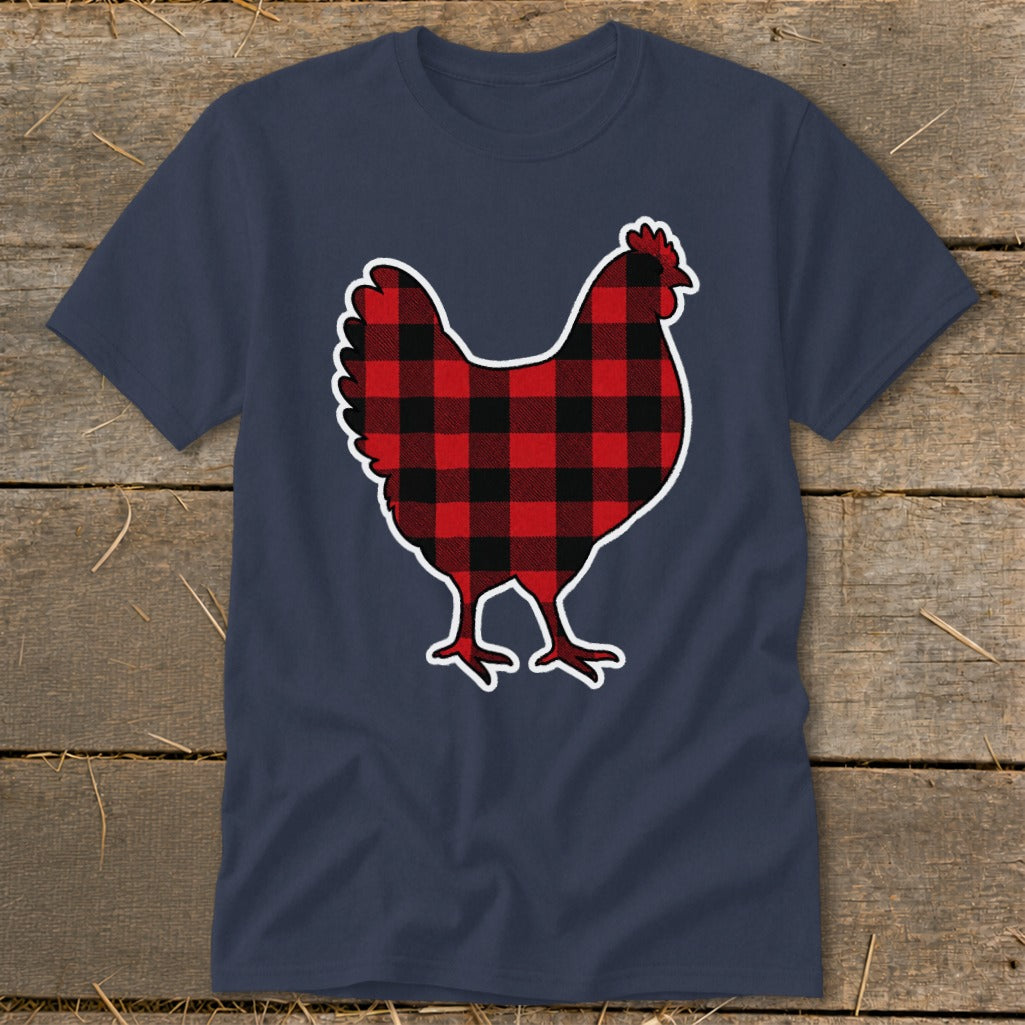 Navy t-shirt with a red and black buffalo plaid chicken graphic.