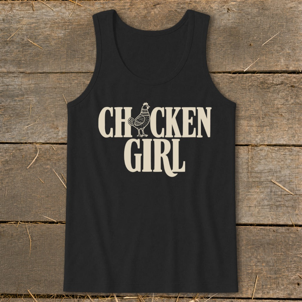 Black tank top with "CHICKEN GIRL" text and a chicken illustration.