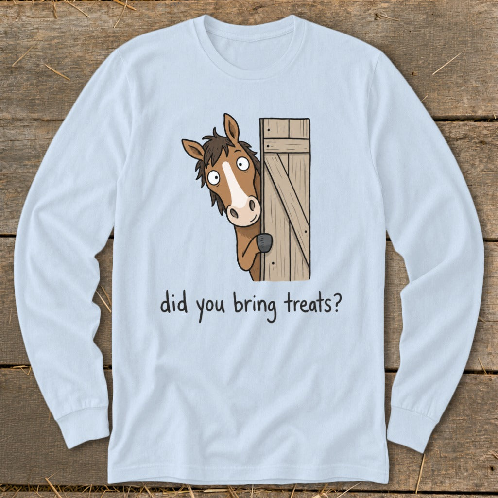 Cartoon horse peeks from behind a wooden door, asking "did you bring treats?".