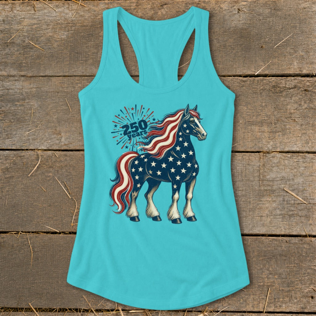 Turquoise tank top featuring a horse with patriotic stars and stripes design and "250 years" text.