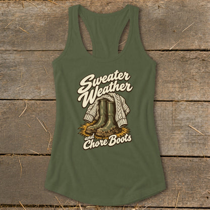 Green tank top with "Sweater Weather and Chore Boots" graphic.