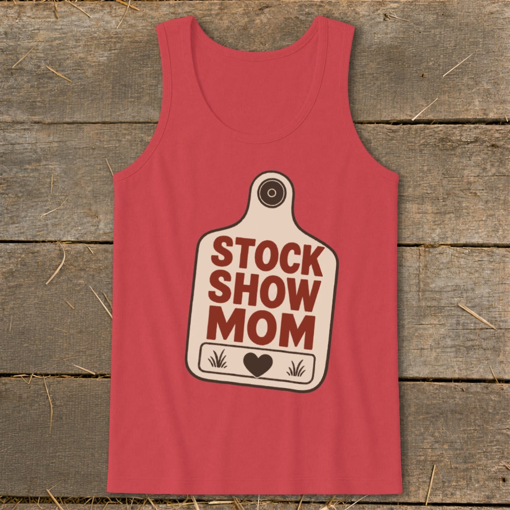 Red tank top with "Stock Show Mom" text and heart graphic.