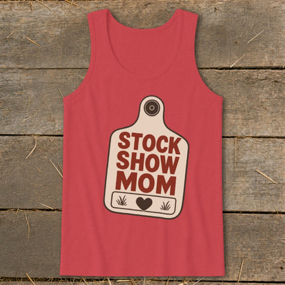 Red tank top with "Stock Show Mom" text and heart graphic.