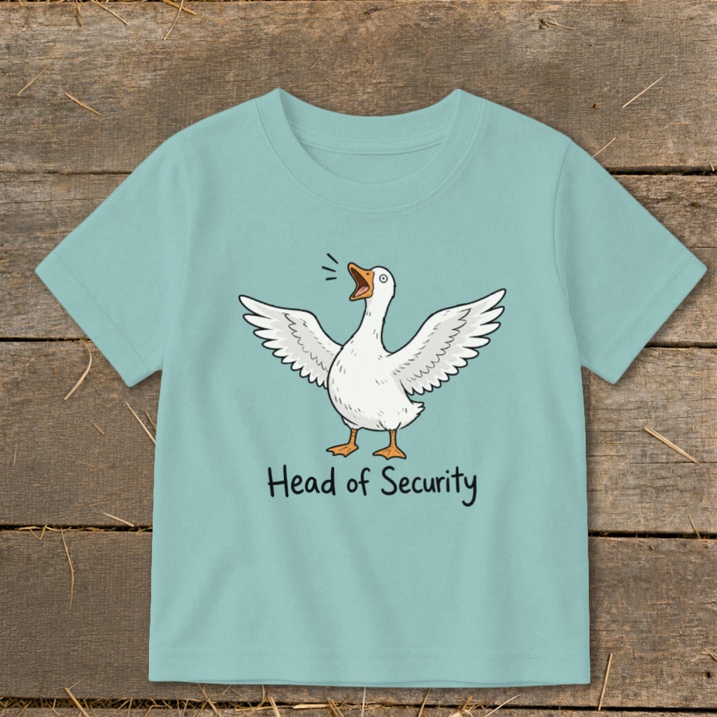Light blue t-shirt with a cartoon goose and text "Head of Security".