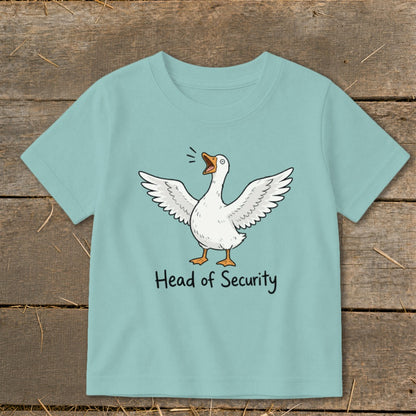 Light blue t-shirt with a cartoon goose and text "Head of Security".