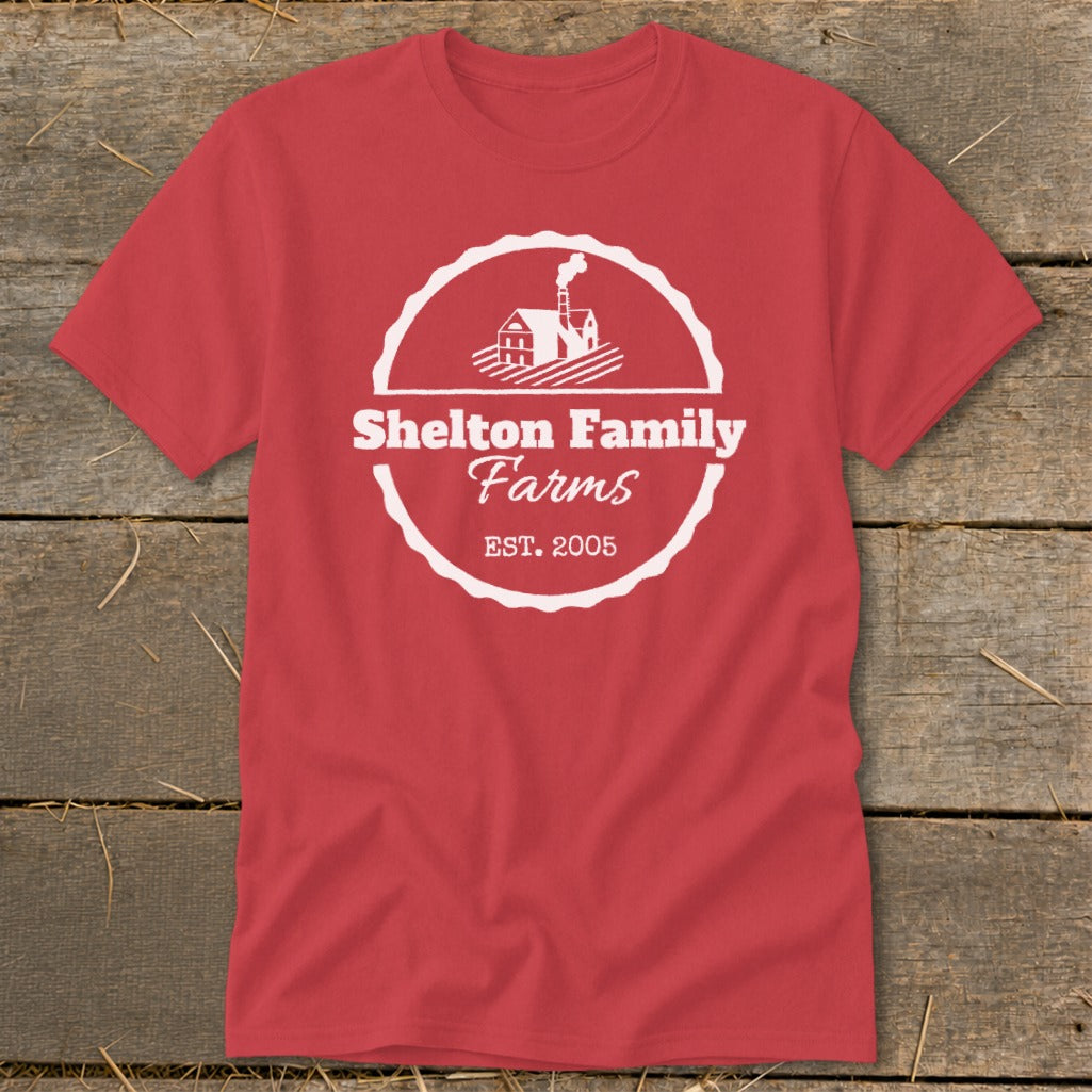 Red t-shirt with white Shelton Family Farms logo and establishment date.