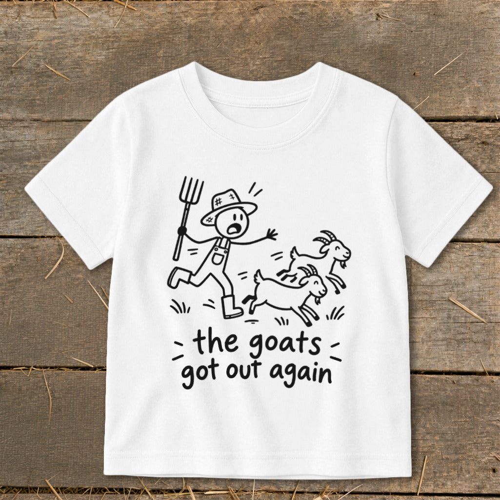 White t-shirt with stick figure farmer chasing escaped goats, text "the goats got out again".