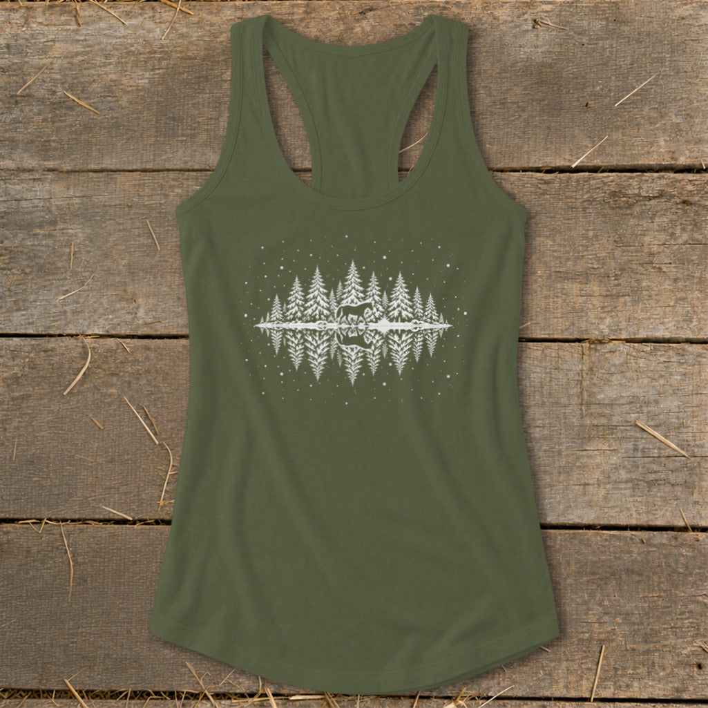 Olive green racerback tank top with a white mirrored forest and deer graphic.