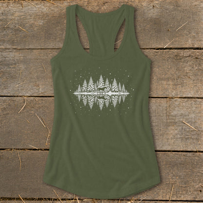 Olive green racerback tank top with a white mirrored forest and deer graphic.