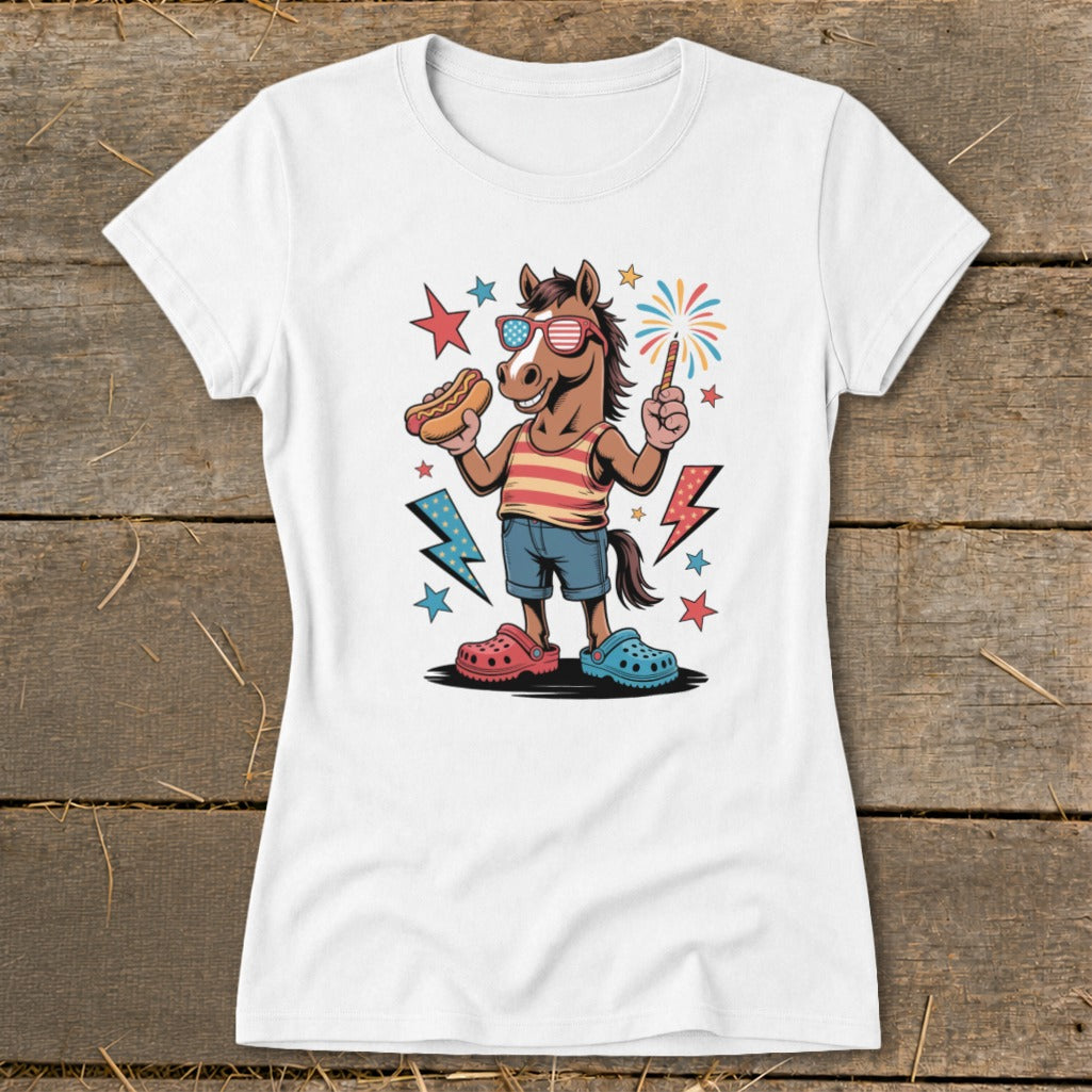 Cartoon horse in sunglasses holding a hot dog and sparkler, with stars and lightning bolts.