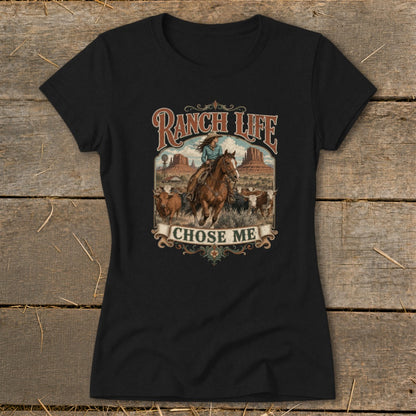 Ranch Life graphic tee with a cowgirl on horseback and cattle.