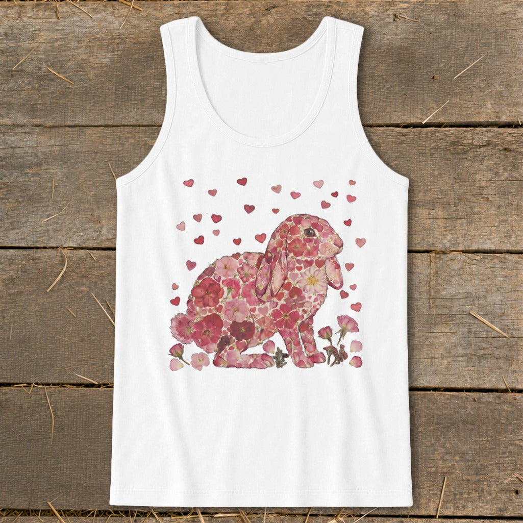 White tank top with a pink floral bunny and scattered hearts design.
