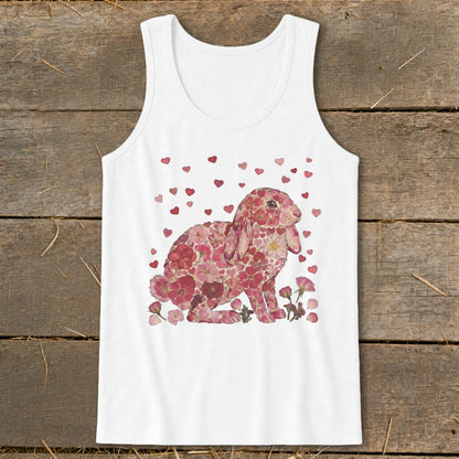 White tank top with a pink floral bunny and scattered hearts design.
